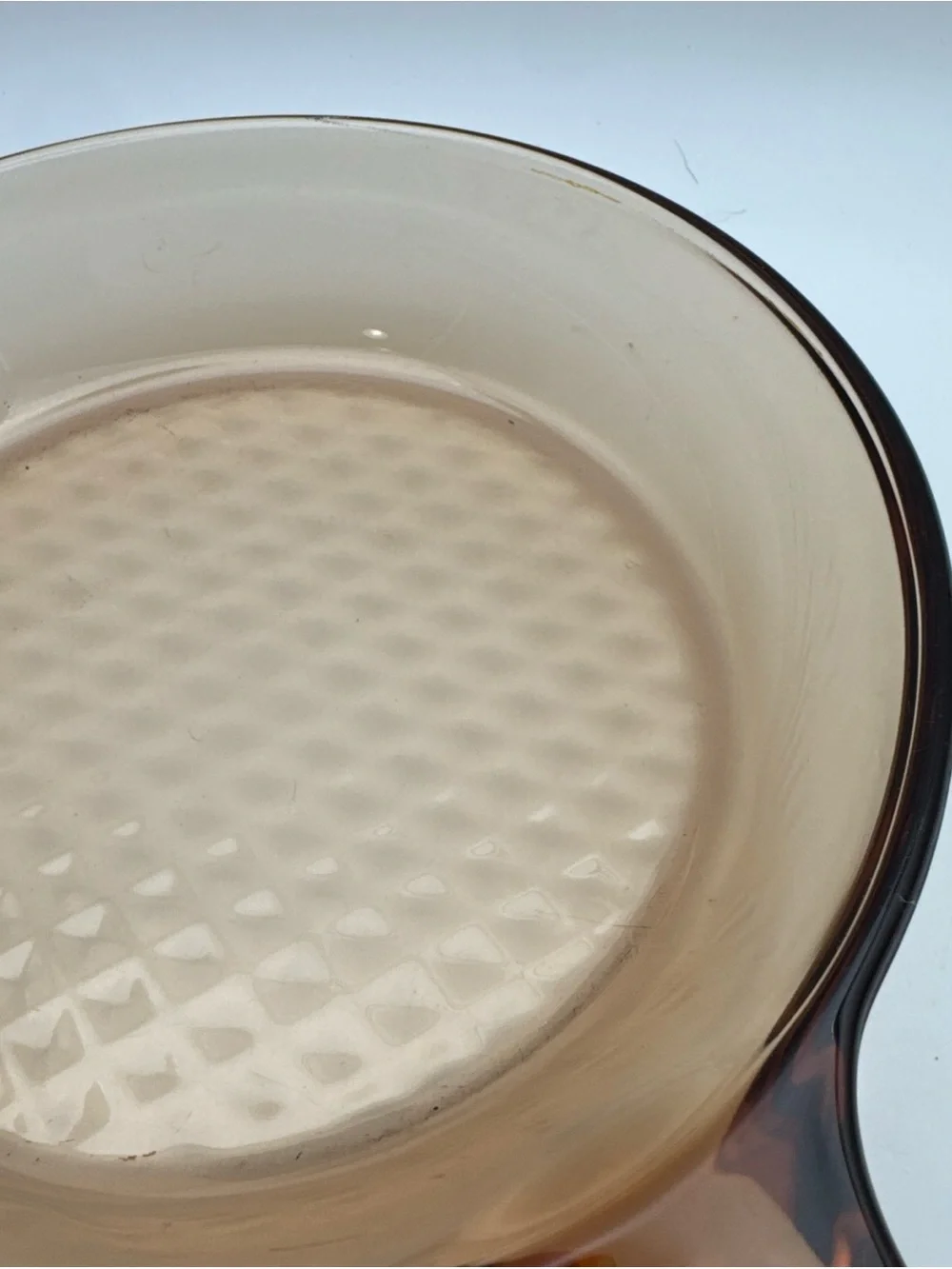 Vintage Corning Vision Amber Glass 7” Skillet w Pyrex Lid Waffle Bottom France